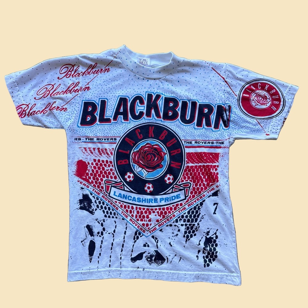Vintage Blackburn Rovers FC Lancashire Pride AOP Kids T-Shirt White Age 9-10 90s